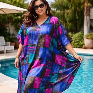 Winlar Vintage Kaftan Lounger Blue Pink Geometric Print V-Neck One Size OSFM